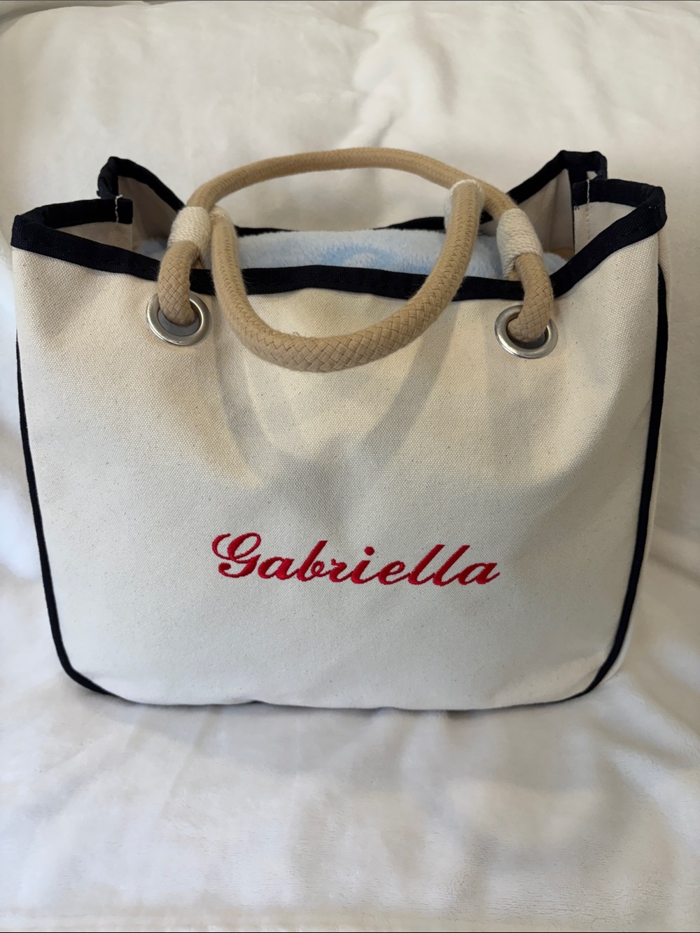 Gabriella Canvas Tote Bag in Cream with Red Script and Black Trim
